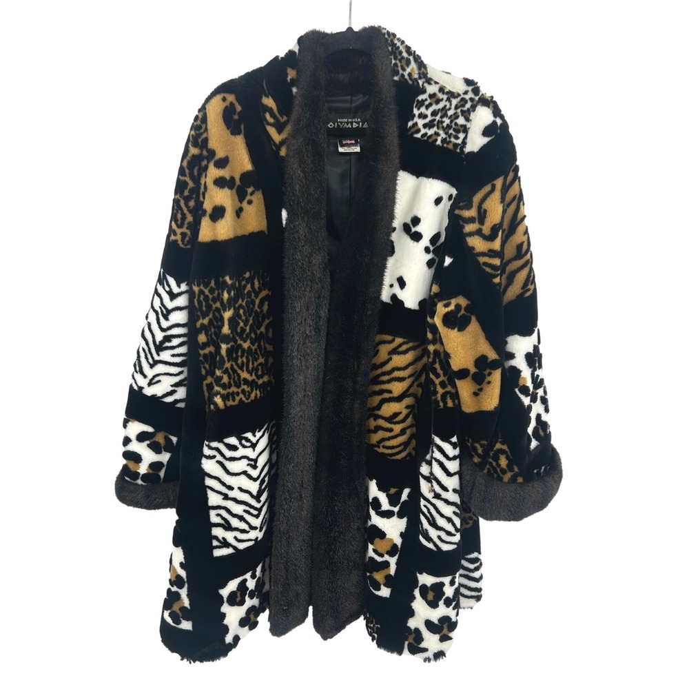 VTG Olympia Faux Fur Patchwork Coat XL‎ Mob Wife Animal Print Statement Heavy